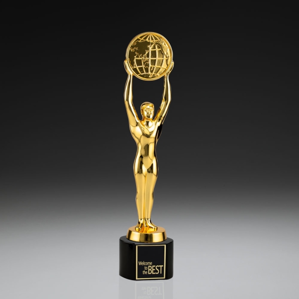 Champions Award goldfarbig mit Weltkarte und Kristallglassockel